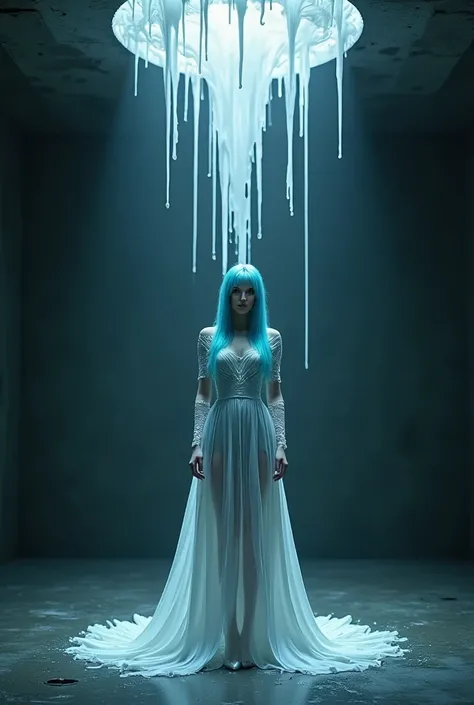 extremely hot woman with straight light blue hair , Stands in the middle of a dark room , Where from the ceiling does white paint run down .  The paint runs down your body which comes from the ceiling and the color gives the visual impression as if you wer...