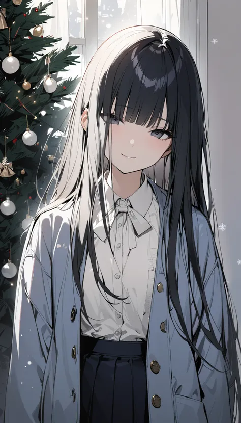  top grade, masterpiece,  high resolution, masterpiece,  19-year-old mature woman , ( long straight hair, Blunt cut ,  straight bangs that cover her face ,  black hair ),  dark eyes that have lost their light , Winter school uniform for women in ivory colo...