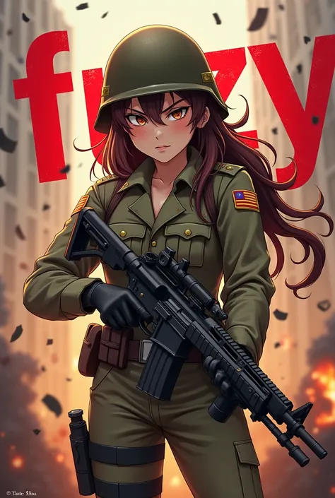 Tooth Fairy Marine uniform brunette with a machine gun
War and Blood
Highlight in the word "FUZY" In red in the background
Anime