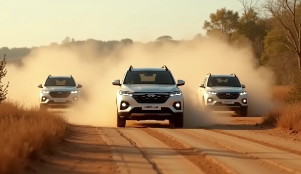 MAKE A REAL IMAGE WHERE THREE MAHINDRA NEW XUV 700 IS RUNNING IN A DUSTY  ROAD WHERE ONE XUV IN MIDDLE AND THE OTHER TWOS ARE IN LEFT AND RIGHT OF THE MIDDLE XUV THROWING DUST BY WHEELS AND THE CAMERA FOCUS FROM THE FRONTSIDE AND THE SCENE IS CAPTURE IN CE...