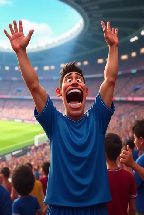 Effusive fan in the stadium wearing an unmarked blue jersey