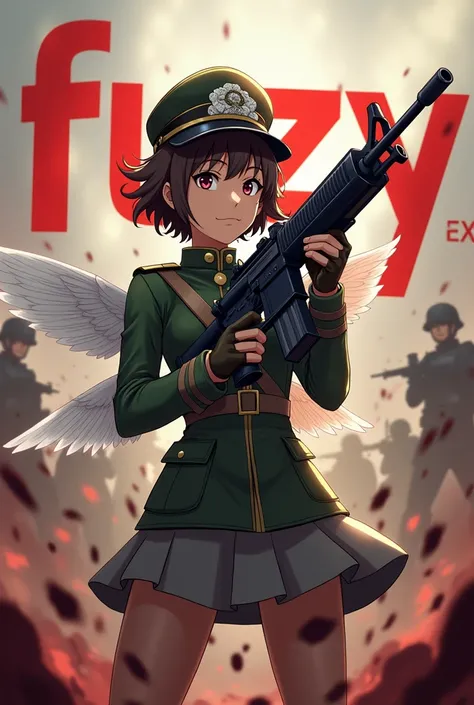 Tooth Fairy Marine uniform with wings brunette with a machine gun
War and Blood
Highlight in the word "FUZY" In red in the background
Anime