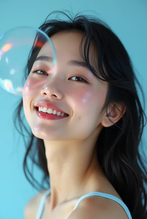 Women, beautiful skin, corps sain, sky blue background ,  light glitter、 long hair、smile、 splashes、Bubble、The iris hangs over the face、 white background 、 my hair is wet、 Fair skin、 black hair、Smiling soap bubbles flying with their mouth ajar、Splashes of w...