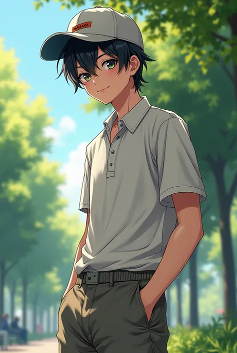 Create a image of a sexy anime man age 18 wearing a faded baggy pants and a polo with a cap. Camera shy and also the background is in park