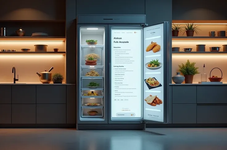 A smart refrigerator with a screen displaying a list of ingredients and recipes that can be made with them.