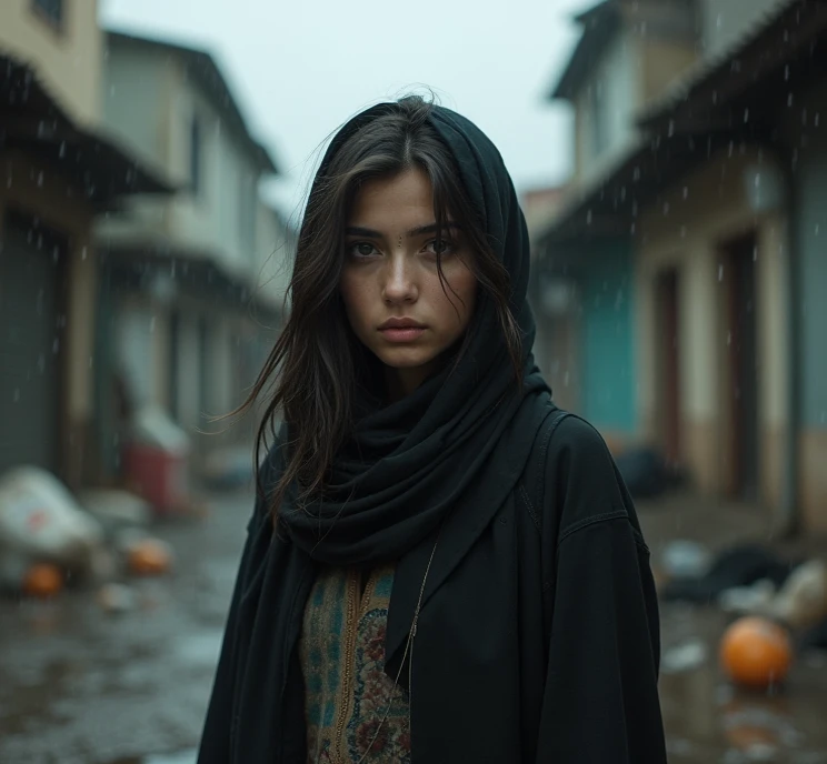 Full body photo Slum Mind. Beautyfull girl 20 years old in the image, a  wearing hijab a depressing, dystopian place with trash and rain in the streets. Looks like the feeling of being lost.