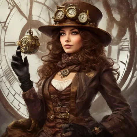 A cute woman (cute, age 22, role of a steam punk explorer, sexy costume, many gadgets and clockwork doohickeys) she is riding on her clockwork steam driven Christmas tortoise, winter wonderland
