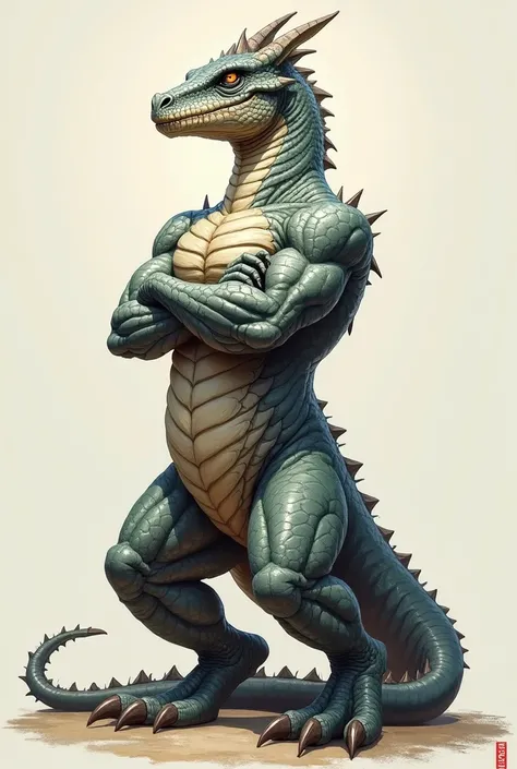 Dragon standing with arms crossed half a side drawing