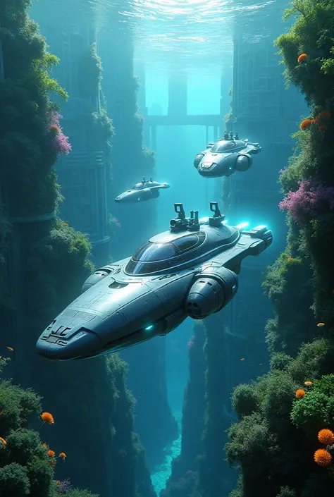 High-tech ships in green cities at the bottom of the sea 