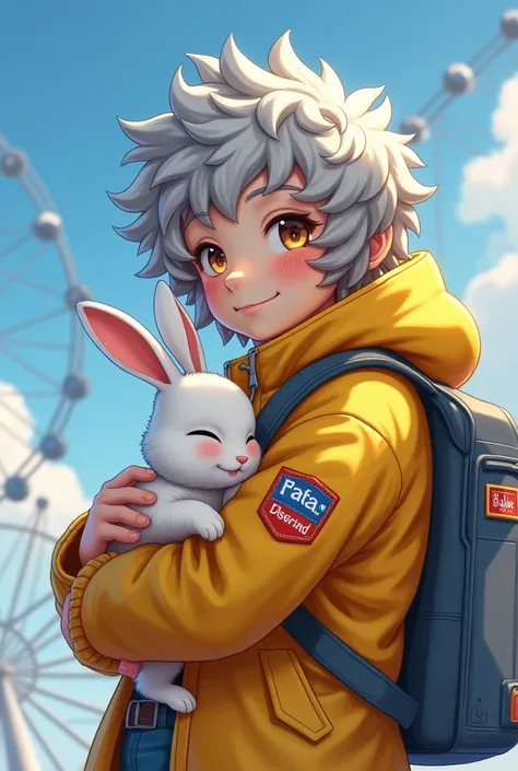 (Close-uA fluffy  with curly hair wearing a bright yellow jacket and jeans, holding a white rabbit in their arms. The London Eye is seen in the background, with clear blue skies and a few clouds. The  smiles happily as the rabbit rests comfortably in their...