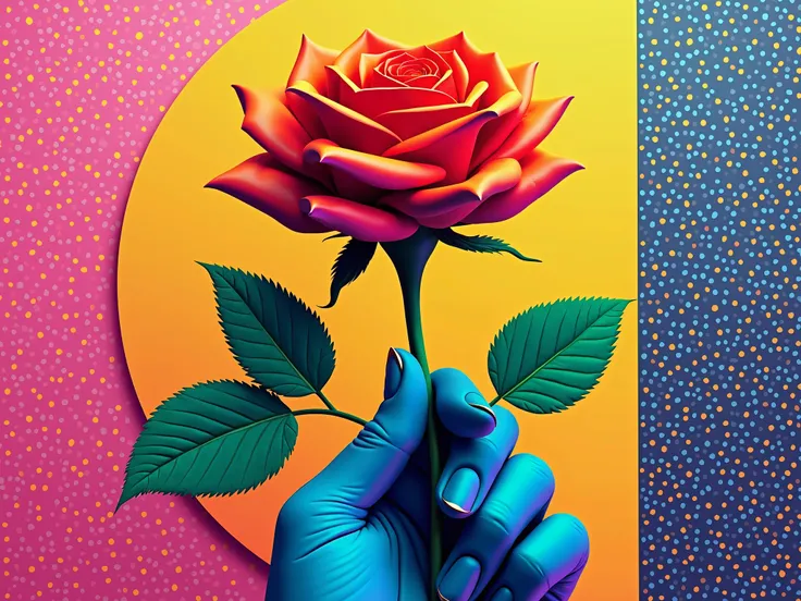 A 3D pop art style illustration featuring a realistic human hand holding a vibrant, fully bloomed rose. The hand is depicted with smooth, glossy textures and bold, exaggerated contours in bright colors like neon pink, electric blue, and sunny yellow. The r...