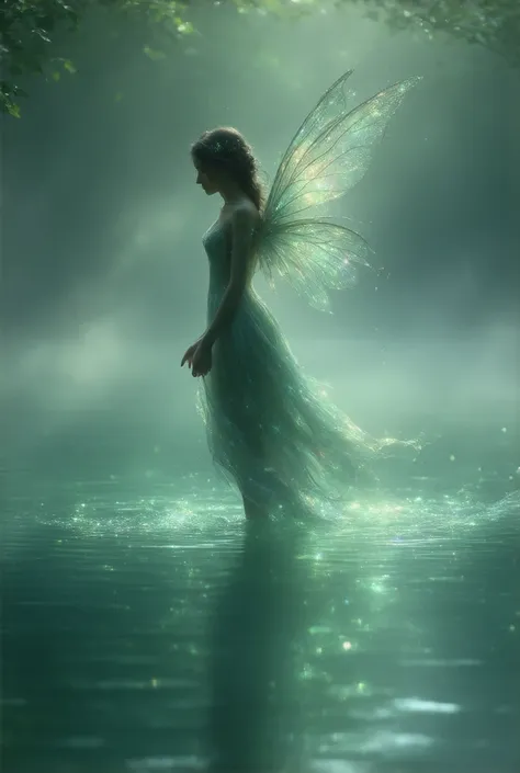 Fairy flying flush with the water of a lake, coming to touch the water with the tips of her feet
