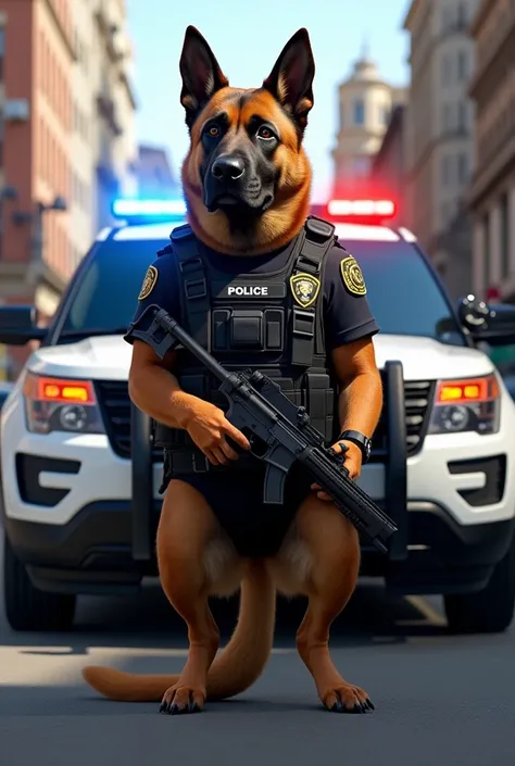 The muscular police dog wearing police uniform standing in front of the police car with gun 