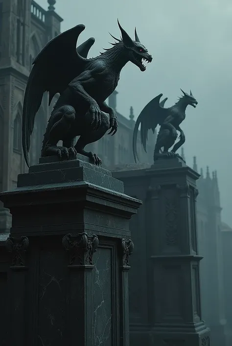 Dark, terrifying gargoyles perched atop dark Renaissance tombs made of black marble