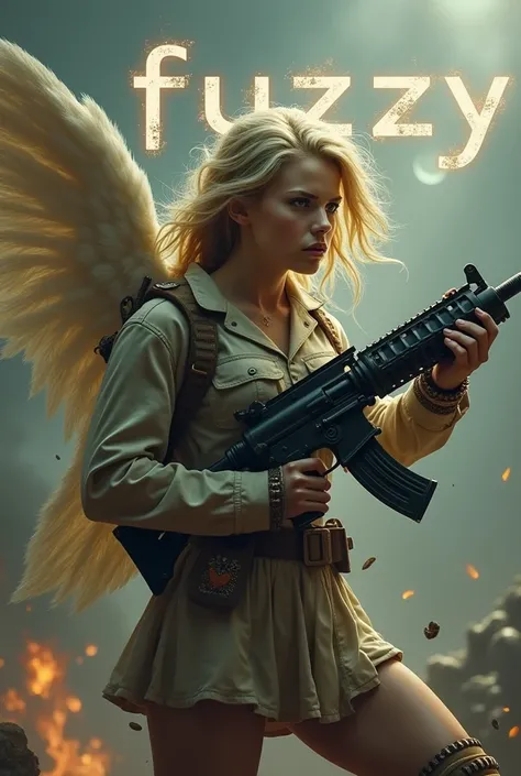  Tooth Fairy in winged Marine uniform,  holding a machine gun , Highlight on the word "FUZY" In the background
War and Blood  