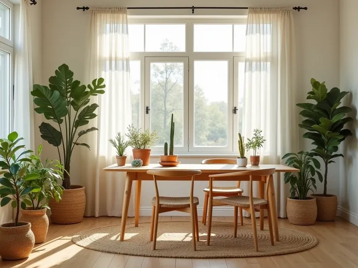 An aesthetic interior room design featuring a minimalistic wooden table and matching chairs with sleek, modern lines. The room is bathed in natural light coming through large windows with light, sheer curtains. Potted plants of various sizes and shapes are...