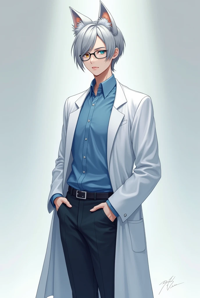 "Photorealistic full-body illustration of a composed, androgynous male with short, silver-gray hair and heterochromatic eyes (one gold, one blue), wearing sleek, modern glasses and natural-looking cat ears. He is wearing a long white lab coat over a neatly...