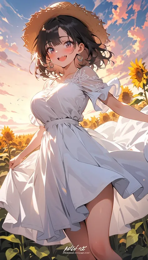 ( beautiful girl : 1.3), 1 girl,( white dress, Straw Hat , earrings for women with first name,Pure white underwear,pubic hair), black hair, bob cut,smile,blush,Embarrassed, dynamic angle ,Strong winds, The skirt flips up in the wind,Sunflower field,sunset,...