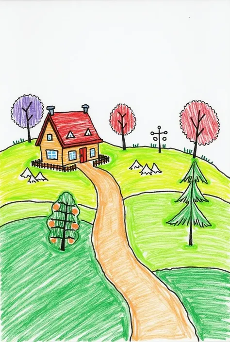 Background landscape with house, sidewalks, field and trees painted with crayons. Simple horizontal drawing to paint

