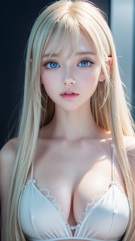  one very white girl 、 very cute appearance 、 high definition 、 very bright white shiny skin 、 very beautiful long bright blonde 、bangs、Very bright blonde、Eye Spacing Bangs 、 super long straight silky hair 、Very long blonde hair、 hair covering one eye 、 sh...