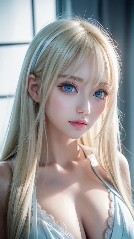  one very white girl 、 very cute appearance 、 high definition 、 very bright white shiny skin 、 very beautiful long bright blonde 、bangs、Very bright blonde、Eye Spacing Bangs 、 super long straight silky hair 、Very long blonde hair、 hair covering one eye 、 sh...