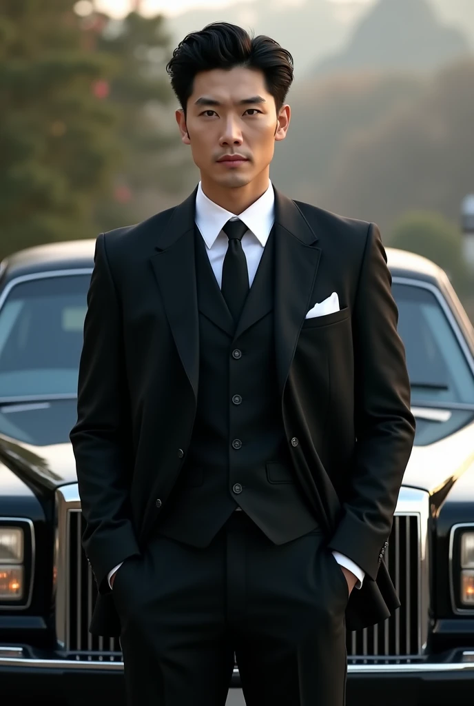 (photorealism:1.2), Korean man, tall bodyguard, 30 years old, handsome, wavy black hair, grey eyes, standing next to a limo, flat expression, realistic, intricate details. Black 3 piece suit and tie with white shirt 