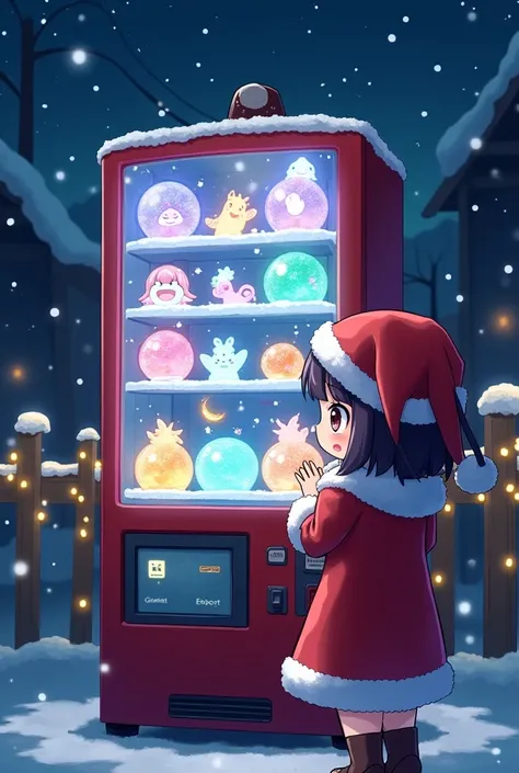 A magical and captivating scene of a Midnight Vending Machine featuring a cute and surprised Santa girl in a festive outfit. She is standing close to the glowing vending machine, her wide eyes and expression of shock highlighted as she notices bizarre and ...