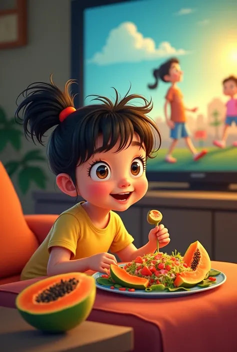 Cartoon of a girl eating papaya salad while watching a show.