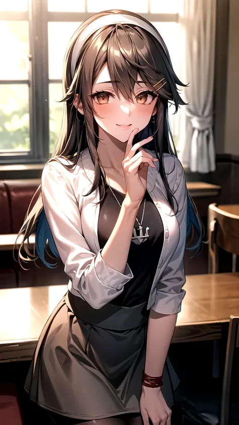 (masterpiece,best quality,highres,8k:1.2),
1girl,(mature female:1.3),(kissing cheek:1.3),
hmharuna, white hairband, hairclip, anchor necklace, jewelry, white jacket, pantyhose, black shirt, grey skirtï¼
large breasts,blush,looking at viewer,
Cafes,depth o...