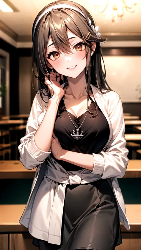 (masterpiece,best quality,highres,8k:1.2),
1girl,(mature female:1.3),(kissing cheek:1.3),
hmharuna, white hairband, hairclip, anchor necklace, jewelry, white jacket, pantyhose, black shirt, grey skirtï¼
large breasts,blush,looking at viewer,
Cafes,depth o...