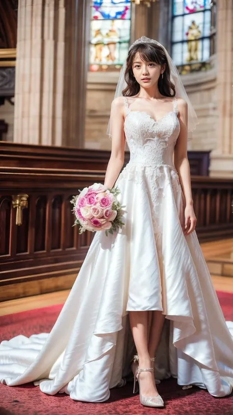 A beautiful young Japanese woman, 26 years old, with healthy thighs, beautiful legs, flawless skin, random hair color and style, large breasts, wearing a (wedding dress:1.3), (she is standing:1.2), full body shot, high heels, holding a bouquet in her hands...