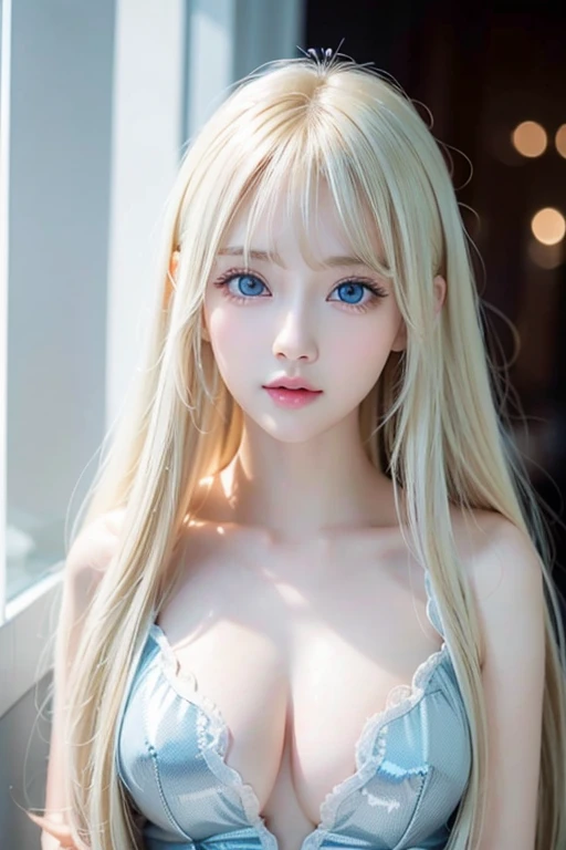  one very white girl 、 very cute appearance 、 high definition 、 very bright white shiny skin 、 very beautiful long bright blonde 、bangs、Very bright blonde、Eye Spacing Bangs 、 super long straight silky hair 、Very long blonde hair、 hair covering one eye 、 sh...