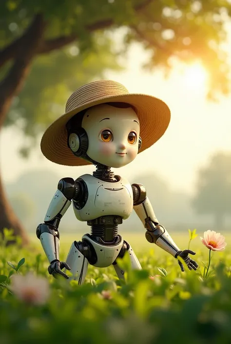 A humble and cute and cute robot farmer wearing a straw hat under the shade of a tree enjoying the morning sun, realism, The robot has very human features