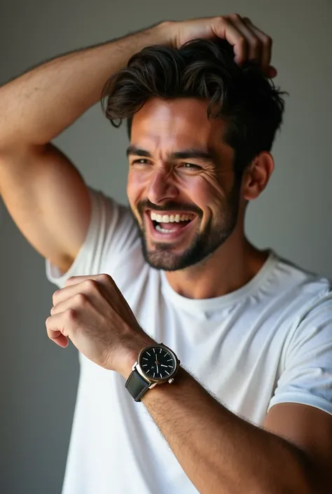 Limage dun homme qui regarde sa montre Geneva avec bracelet sur sa main gauche et sétonne de joie en posons lautre main sur sa tête il a mis un t-shirt blanc