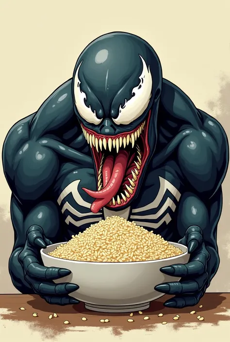 Venom greedily eating rice in a bowl , mouth wide open 