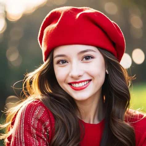 1 woman 28 years old, (smile:1.6) Stunningly beautiful woman, haute couture, wearing Christmas red dress, red hat, automotive haute couture, posing for photo, brown eyes, brown wavy long hair, colorful, vibrant colors, masterpiece, best quality, absurd, be...