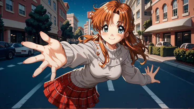 detailed background, shiny skin, rating safe, komirin, seina, solo, blush, smile, medium breasts, grey sweater, long sleeves, red plaid skirt, reaching, reaching towards viewer, outdoors, sidewalk, Denver (city, Colorado), building, night