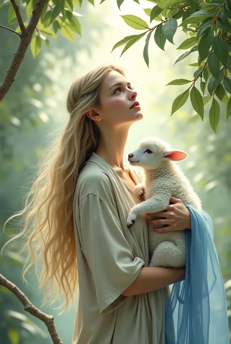 create a high definition image of a young woman with long light hair, looking serenely upwards, wearing a beige linen tunic, blue cloak in her arms and holding a white lamb, and holding tropical branches, watercolor style