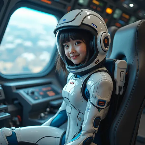 The image shows a young Japanese girl in a futuristic space suit sitting in the cockpit of a spaceship. She is wearing a full-body suit with a helmet that covers her head and shoulders. The suit is made of metal and has a futuristic design with blue and si...