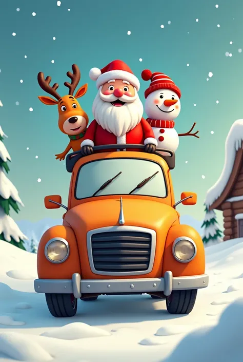 I NEED A CARTOON VERSION OF SANTA CLAUS, A REINDEER AND A SNOWMAN ON TOP OF A CAR SEEN FROM THE FRONT
