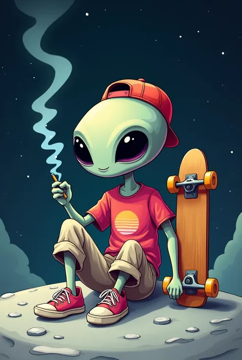  Print Description :  ET Smoking on the Moon in 2D with Skaters Clothing

A green ET stylized in 2D ,  with a relaxed and relaxed look ,  sits comfortably on the surface of the Moon ,  conveying a serene and cool vibe .  This ET has the classic extraterres...