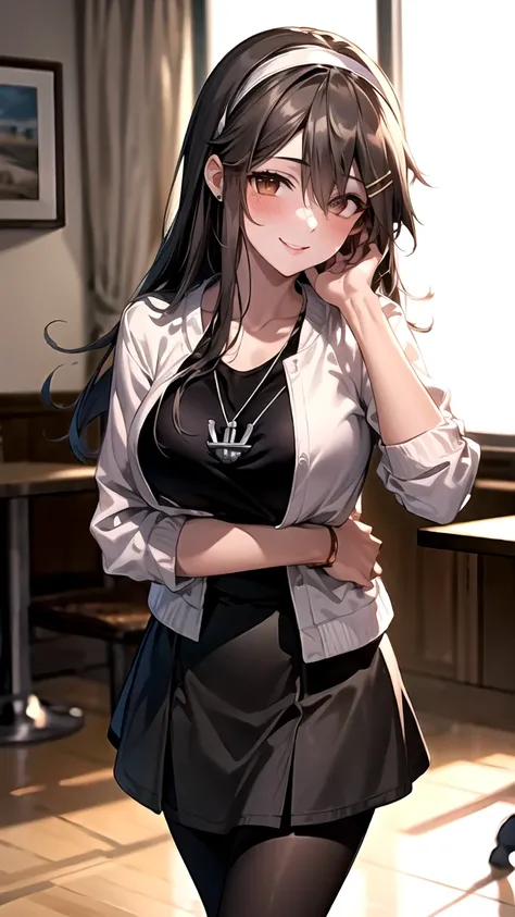 (masterpiece,best quality,highres,8k:1.2),
1girl,(mature female:1.3),(kissing cheek:1.3),
hmharuna, white hairband, hairclip, anchor necklace, jewelry, white jacket, pantyhose, black shirt, grey skirtï¼
large breasts,blush,looking at viewer,
Cafes,depth o...