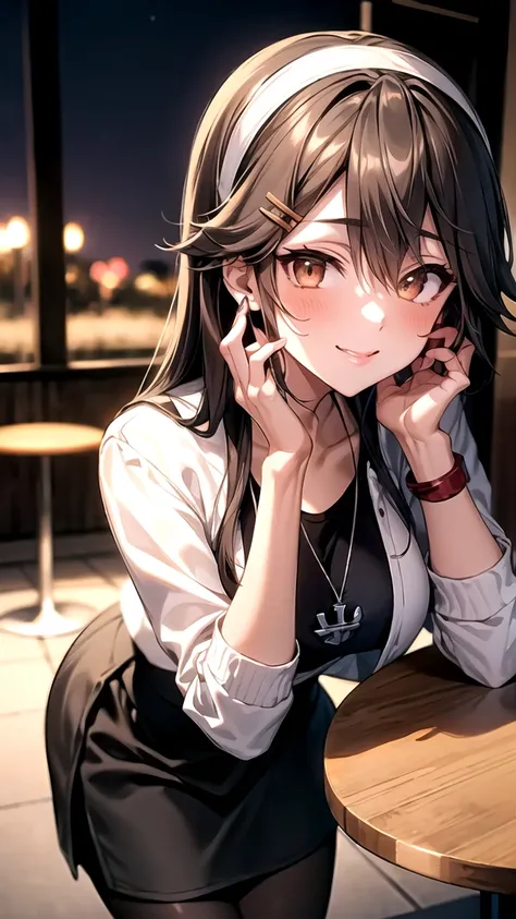 (masterpiece,best quality,highres,8k:1.2),
1girl,(mature female:1.3),(kissing cheek:1.3),
hmharuna, white hairband, hairclip, anchor necklace, jewelry, white jacket, pantyhose, black shirt, grey skirtï¼
large breasts,blush,looking at viewer,
Cafes,depth o...