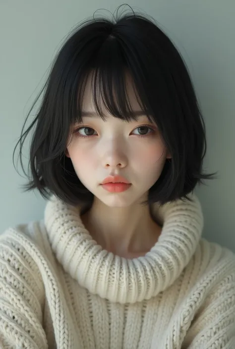 Photorealistic, high-quality 32k photo　Top quality,  Japanese women,Plain girl　The hair type is a straight bob cut　Im wearing a large sweater 　 lonely face 