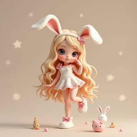 standing on one leg、bunny hair ornament、curly long hair、 bunny girl、 Playboy Bunny、 small、cute、3d、 character 、20 years old、マスコット character 、A little sexy、 throw kiss、 winks、Blonde、 slender、 is leggy、 look good 、 mature、5 heads、 Figure、doll、