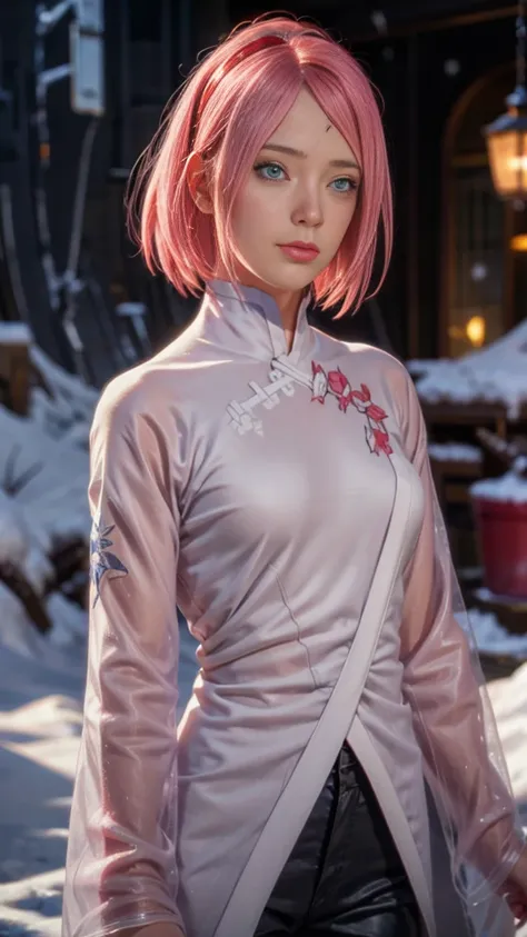  " Sasuke x Sakura ,    blue stripe in a winter city setting . Sakura,  with bright red eyes , wearing a small transparent lingerie  ,intricate,   realistic fabric .  sasuke with vibrant pink hair styled with a highly detailed anime-style ,olhos azuis bril...