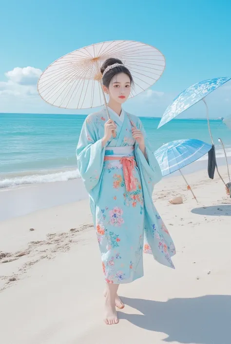 Beach、Yukata girls、Waves、parasol、shell