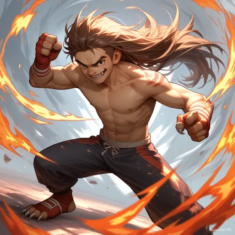  Young male,strong jawline, with thick and long hair, unique  body, has fire power, shirtless,smiling wildly, fighting pose.