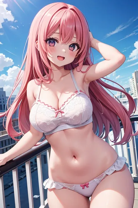 1 girl, anime screencap,score_anime, best quality, masterpiece, 8K, high res, cute, shiny skin, balconette bra, (navel:1.2), midriff, bare stomach, panties, huge breasts, long hair, black eyes, hand on hair, smile, open mouth, bedroom,