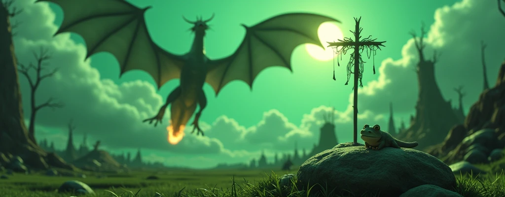 green anime landscape, anime, scary scarecrow in the background, horror, devastated land, lava, trees, fields, a large flying fire-breathing dragon in the background, a small lizard sitting on a stone, smiling frog on a leaf, high details, high quality, HD...